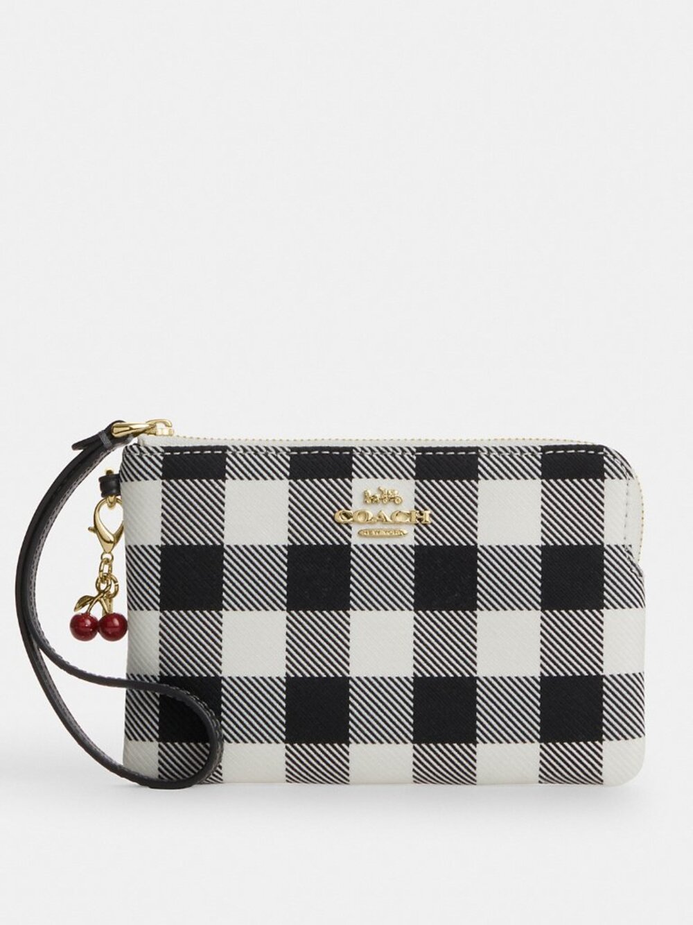 Coach Corner Zip Wristlet With Gingham Print And Charm